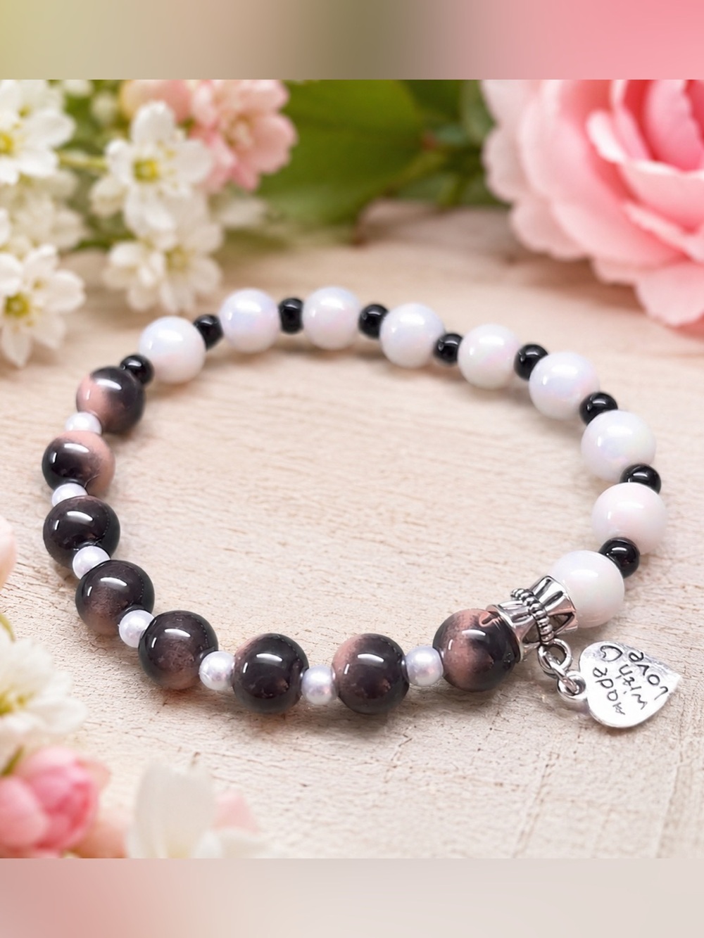 Handmade White and Black Beaded Charm stretch Bracelet
